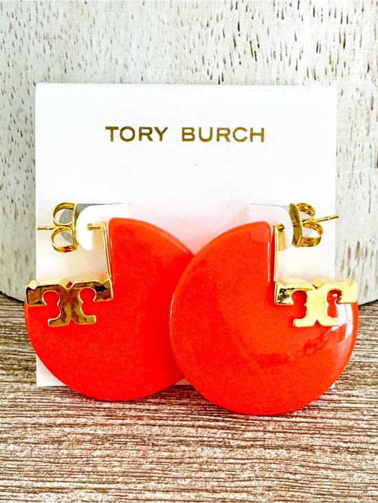 Tory Burch Jewelry - Authentic Tory Burch Bright Coral Gold Logo Disc Earrings (OS)